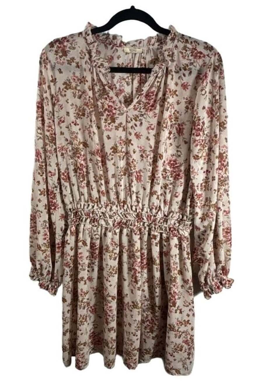 Kori America Elastic Waist Long Sleeve Floral Dress Dusty Blush